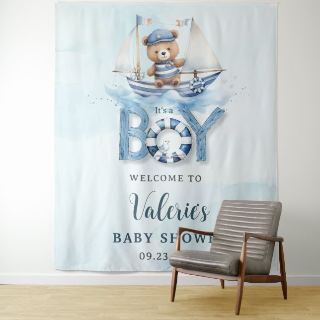 Tenture Douce Baby Shower Garçon Ours en Peluche Bateau Bl (En situation)