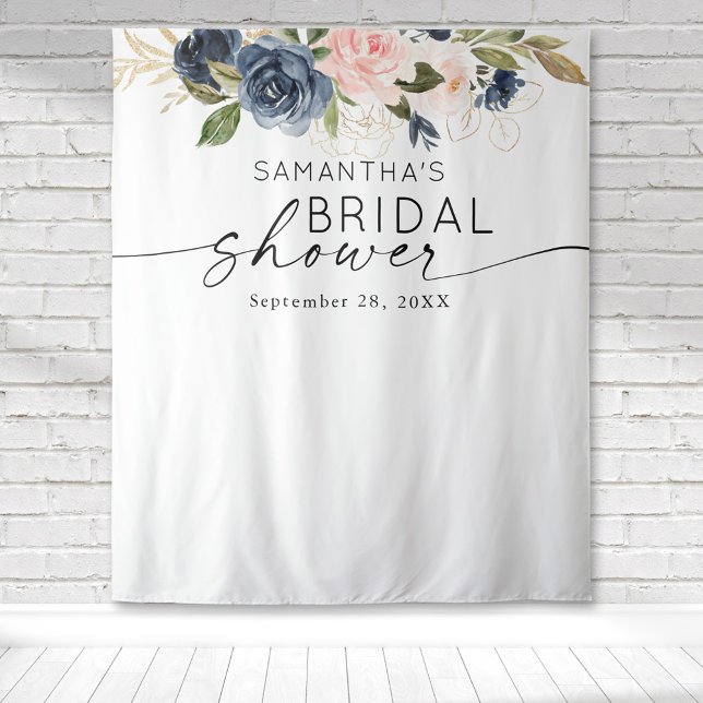 Tenture Douce Nuit de Mariage Rose et Bleu Marine (Pink peony floral botanical gold watercolor design on this bridal shower tapestry backdrop.)