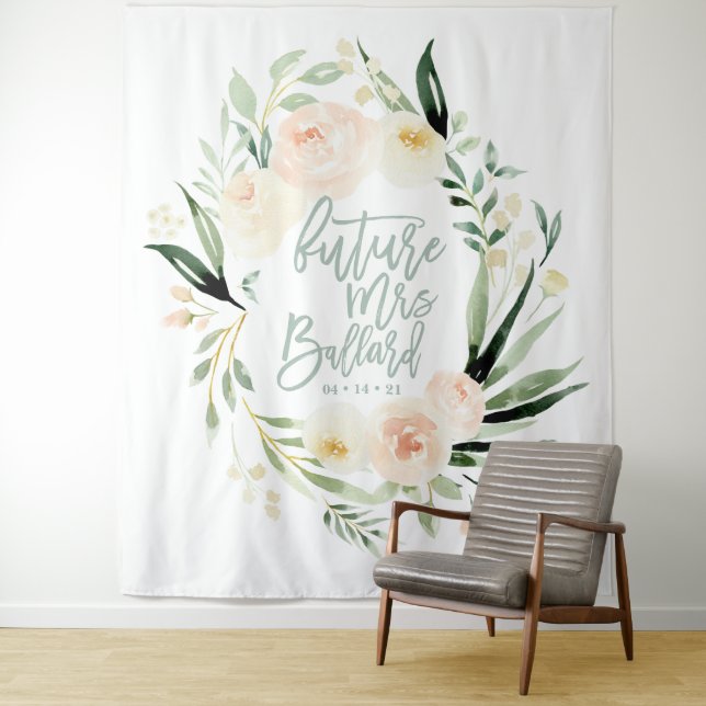 Tenture Douceur + shower de mariage floral aquarelle verte (En situation)
