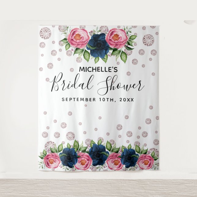 Tenture Douche de mariée bleus fleurs roses diamants blanc (Devant)