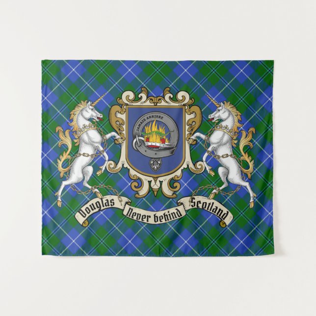 Tenture Douglas Clan Badge & Unicorns avec Tartan (Devant (Horizontal))