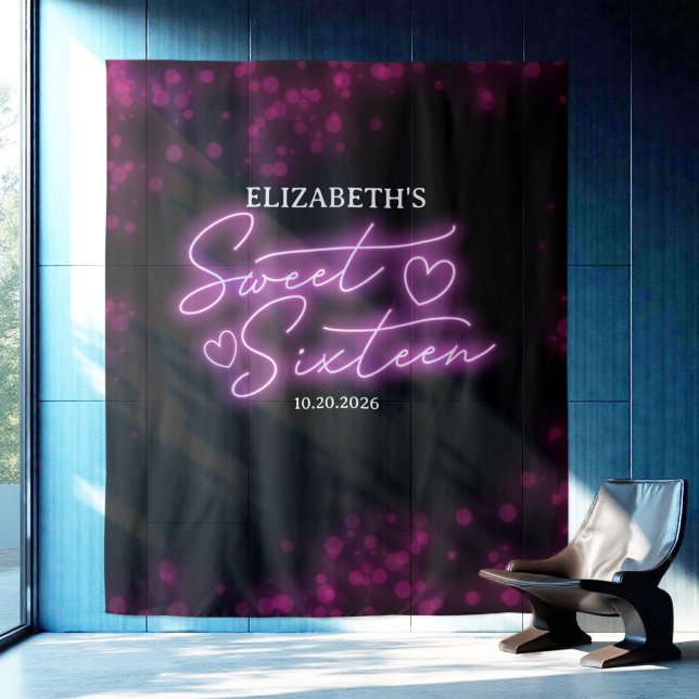 Tenture Doux 16 Anniversaires rose chaud Neon fond (Créateur téléchargé)