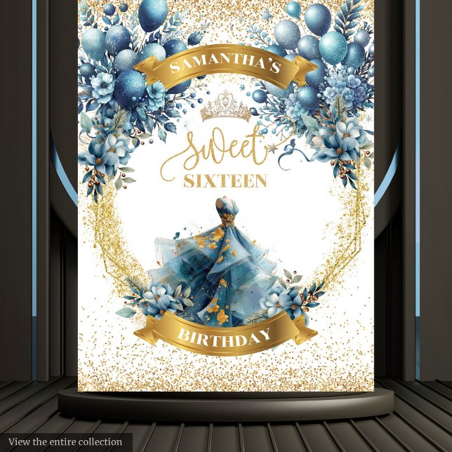 Tenture Doux 16 Robe Bleue Aquarelle Parties scintillant O (Sweet 16 Blue Dress Watercolor Gold Glitter Tapestry)