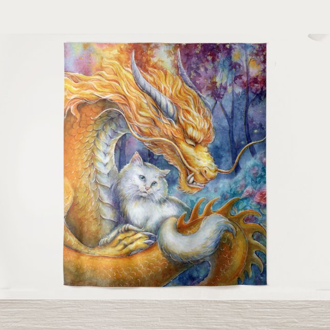 Tenture Dragon ardent et chat blanc dans une forêt mystiqu (Devant)