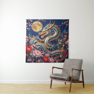 Tenture Dragon Chinois avec Pleine Lune et Pivoines – Soie