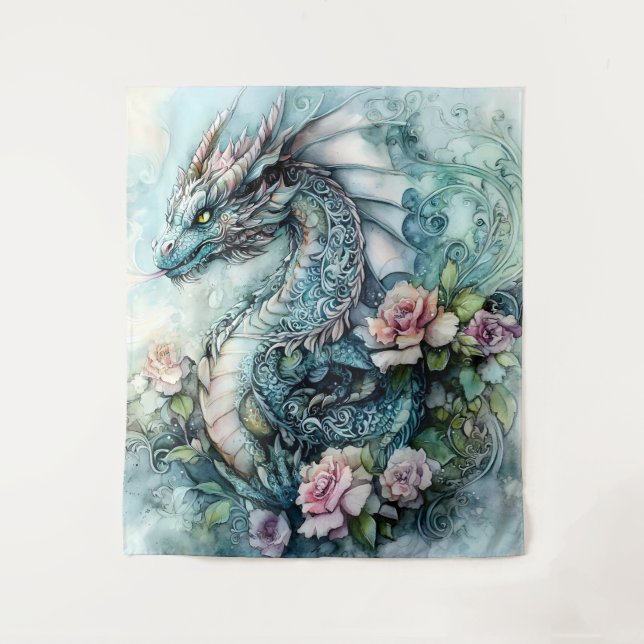 Tenture Dragon Enchanté Parmi les Roses  (Devant)