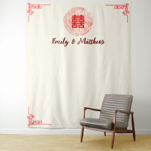 Tenture Dragon et Phoenix rouge mariage chinois toile de f
