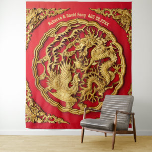 Tenture Dragon Phoenix Rouge or Mariage chinois fond
