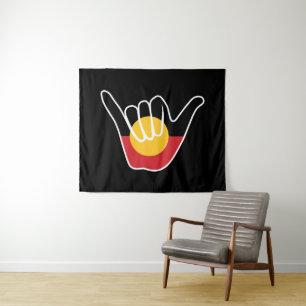 Tenture Drapeau aborigène australien signe Shaka pendaison