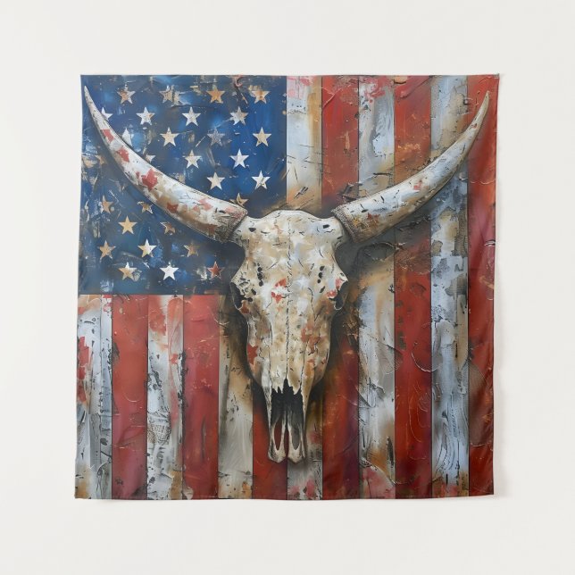 Tenture Drapeau américain patriotique crâne longhorne (Devant)
