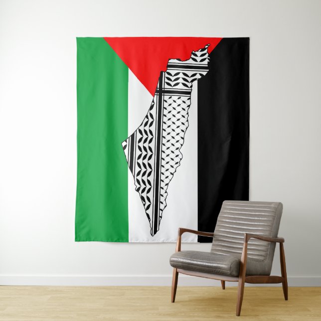 Tenture Drapeau de Palestine et carte avec Keffiyeh Motif (En situation)