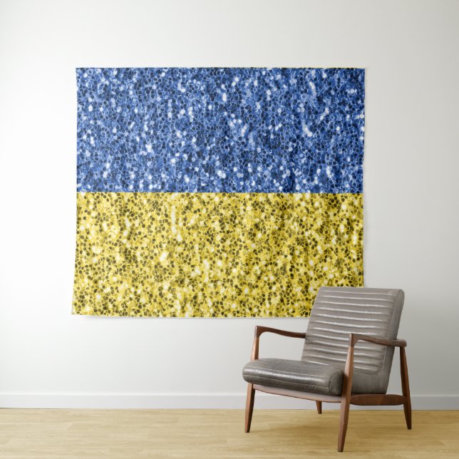 Tenture Drapeau ukrainien jaune bleu paillettes faux scint (En situation (horizontale))