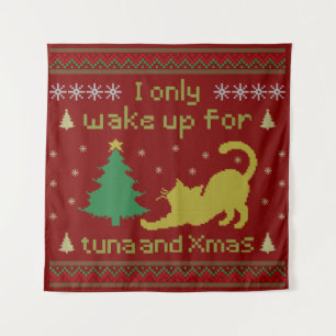 Tenture Drôle Chat de Noël au Thon – Style Pixel Noël Laid