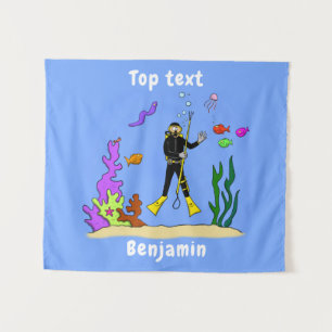 Tenture Drôle plongeur et poisson mer créatures dessin ani