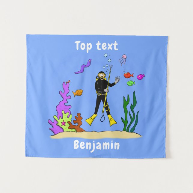 Tenture Drôle plongeur et poisson mer créatures dessin ani (Devant (Horizontal))