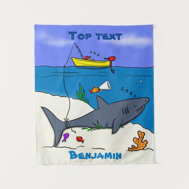 Tenture Drôle requin couché et dessin animé de pêche (Devant)