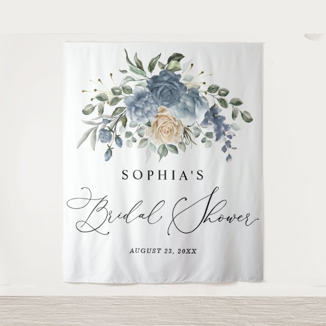 Tenture Dusty Blue & Champagne Fleurs Robe de Mariée Showe (Devant)