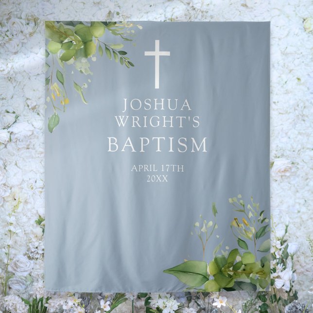 Tenture Dusty Blue Greenery Baptism fond photo (Dusty Blue Greenery Baptism Photo Backdrop)