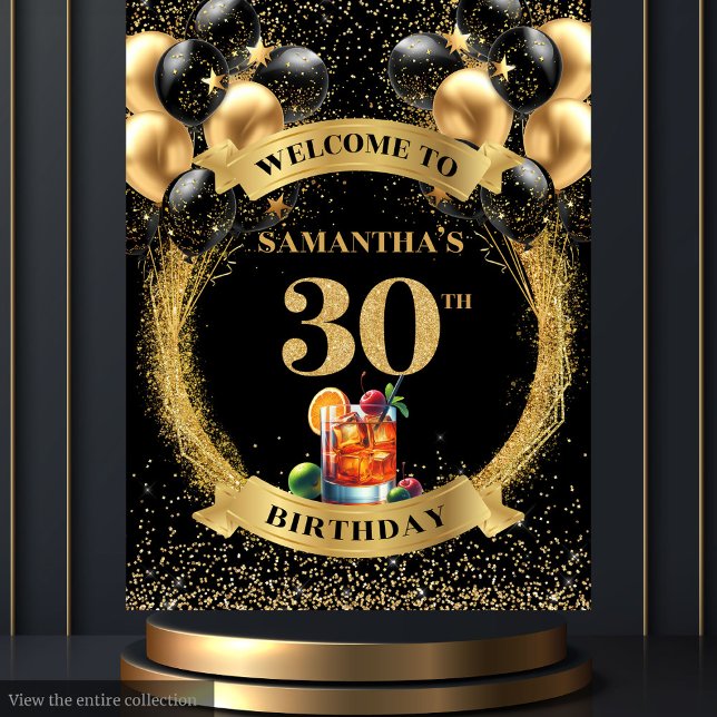 Tenture Écran glamour 30e anniversaire Whiskey Black Gold (Glamorous 30th Birthday Whiskey Black Gold Display)