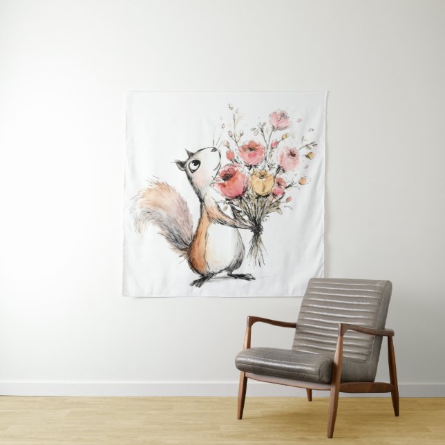 Tenture Écureuil mignon avec bouquet de fleurs (En situation)