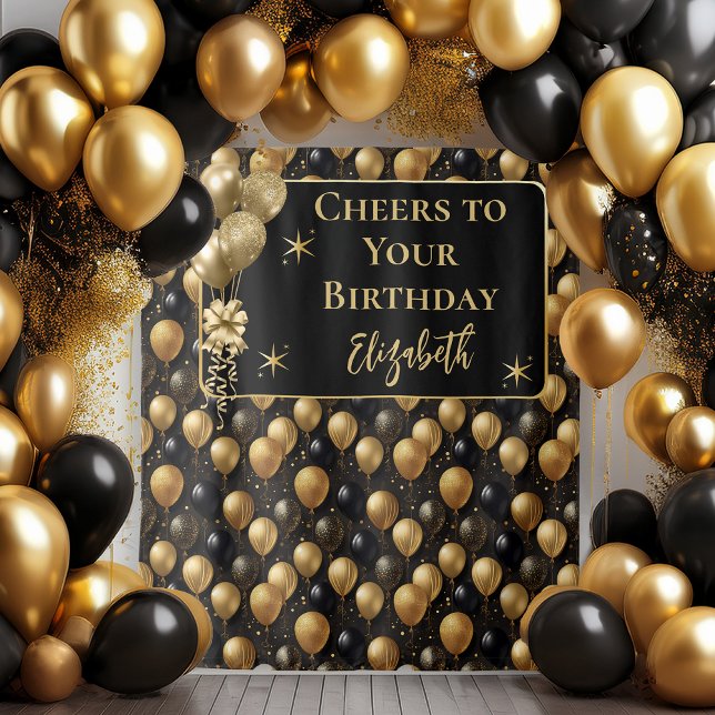 Tenture Elégant Black Gold Balloons d'anniversaire fond (Elegant Black and Gold Faux Glitter Balloons Pattern A021 "Cheers to Your Birthday" [Name] Backdrop)