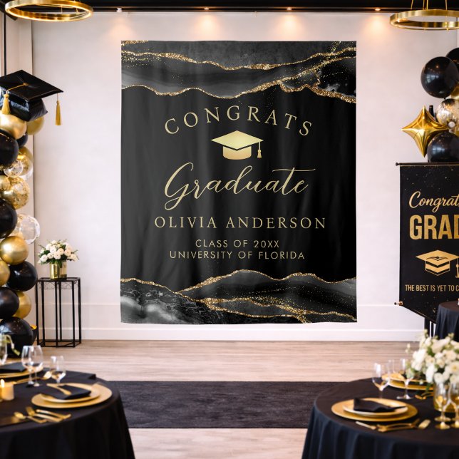 Tenture Elegant Black & Gold Graduation Party Backdrop (Modern black and Gold Agate marble congrats graduate backdrop)