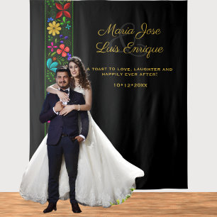 Tenture Élégant Black Gold Latin Folk Floral Mariage