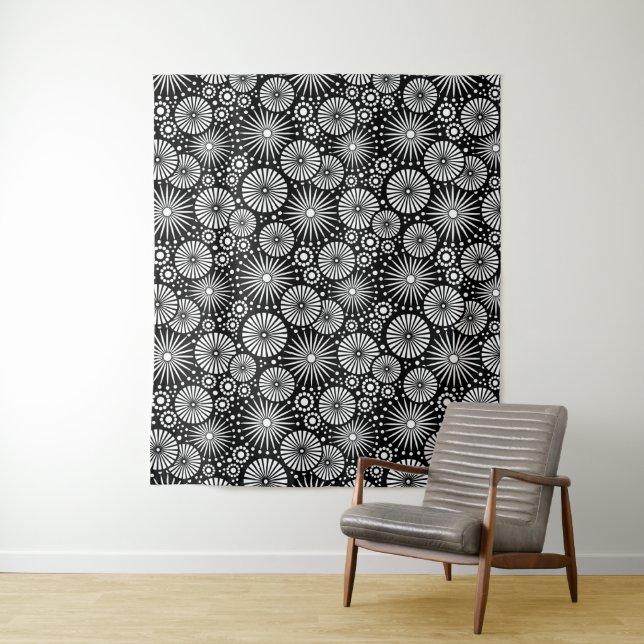 Tenture Elegant Black White Geometric Flowers Starburst (En situation)