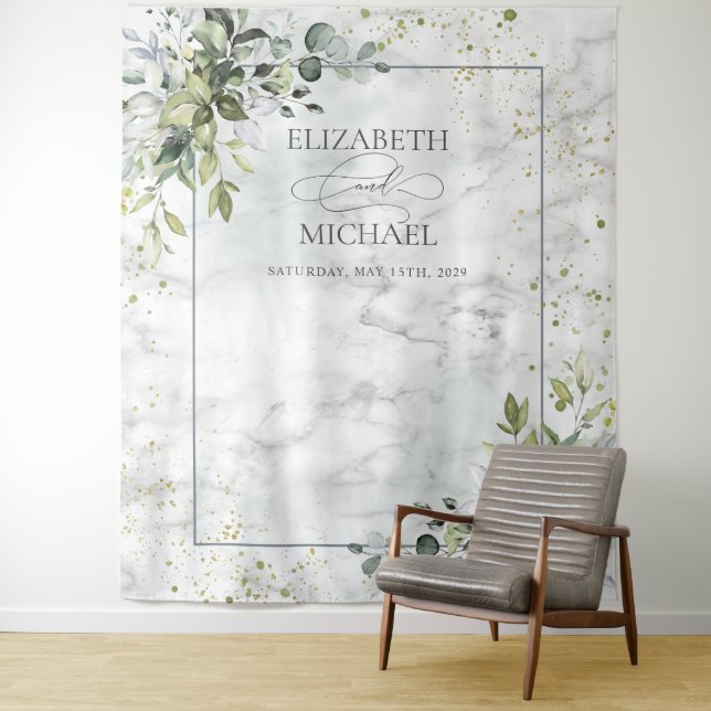 Tenture Élégant Bleu Poussiéreux Eucalyptus Verdure Marbre (En situation)