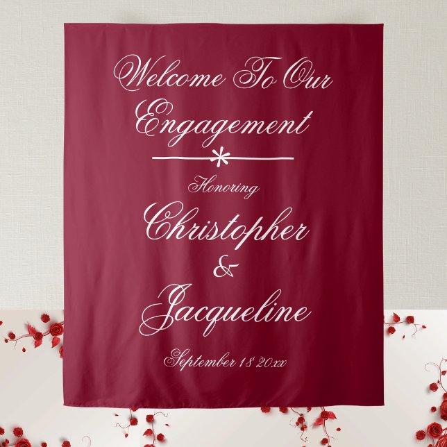 Tenture Élégant écriture blanche fête de fiançailles borde (Make a lasting impression with this gorgeous burgundy red banner with elegant white script.)