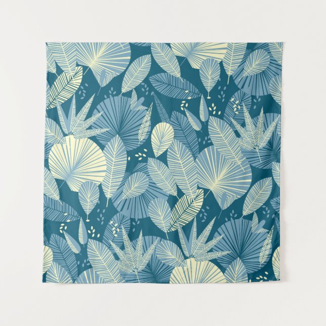 Tenture Élégant feuillage : Motif tropical gris-bleu. (Devant)