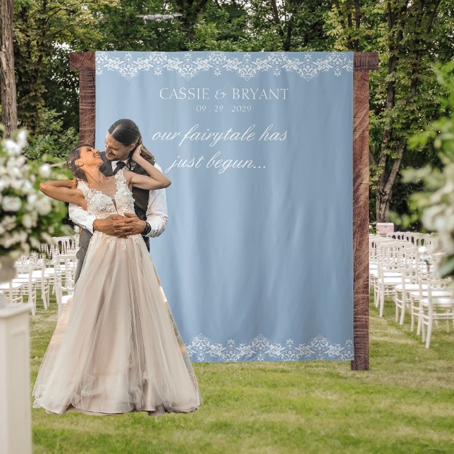 Tenture Elégant fond photo Mariage bleu et blanc (elegant coastal chic classic simple blue and white wedding tapestry photo backdrop with saying names)