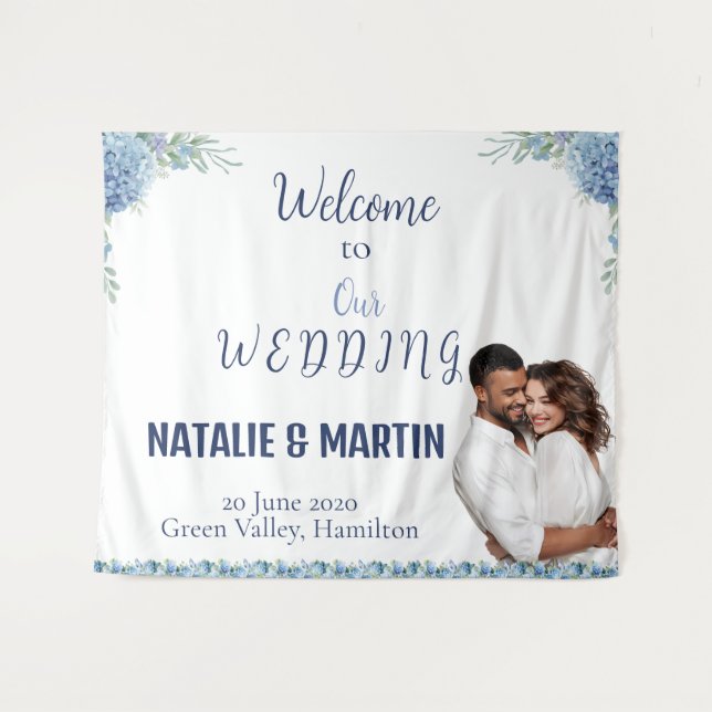 Tenture Élégant Hydrangea Bleu Floral Mariage Bienvenue (Devant (Horizontal))