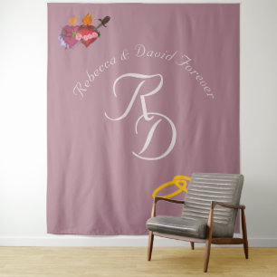 Tenture Élégant Monogramme Mariage Catholique Deux Cœurs