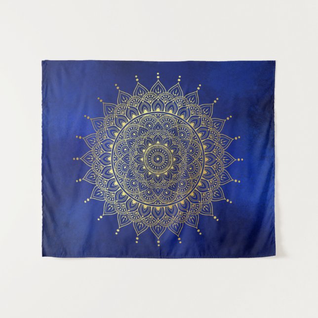 Tenture Elégant or sur Deep Blue Floral Henna Mandala (Devant (Horizontal))