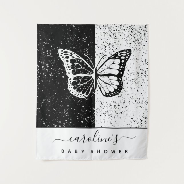 Tenture Élégant Papillon Noir & Blanc Baby Shower à pois (Devant)