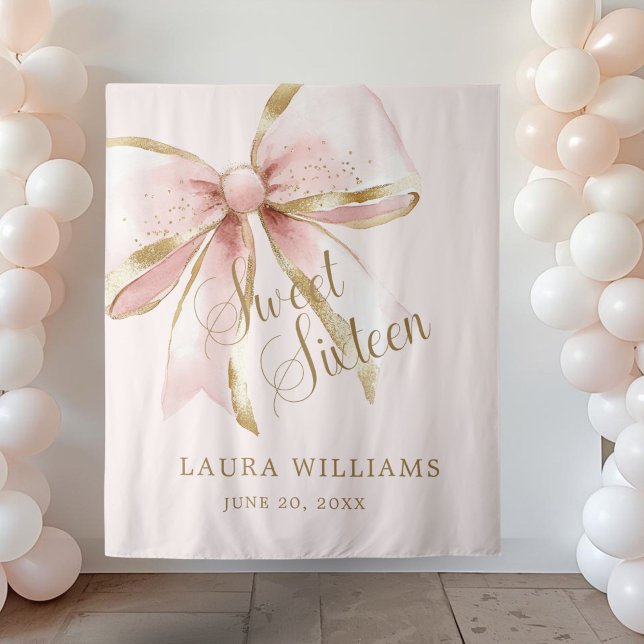 Tenture Elegant Pink & Gold Coquette Sweet 16th Backdrop (Pink and Gold Coquette pink Sweet sixteen birthday backdrop banner)