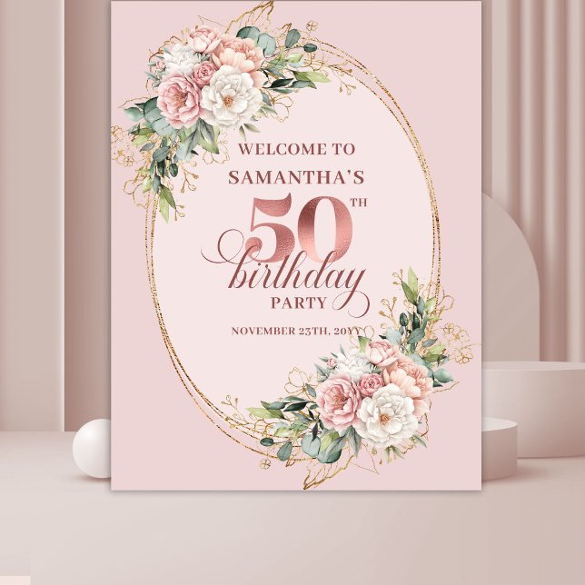 Tenture Elegant Rose Gold Blush Floral 50th Birthday   (Rose gold floral 50th birthday,
dusty pink blush gold glitter,
opulent Soft pastel   pink flowers, 
)