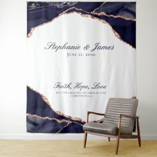 Tenture Élégant Rose Gold Foil Bleu Nuit Agate Mariage