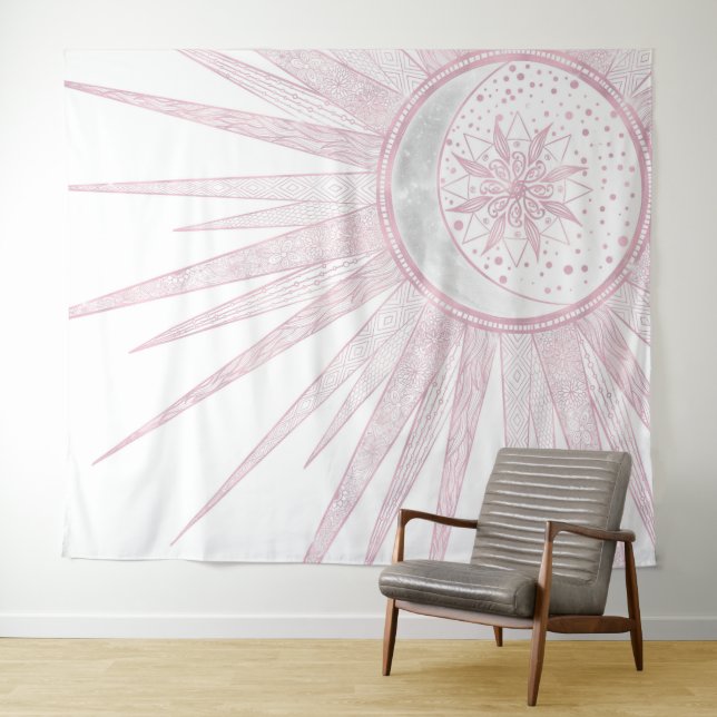 Tenture Elégant rose Sun Moon Doodle Mandala White Design (En situation (horizontale))