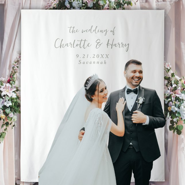 Tenture Elégant Sage Vert & Blanc Mariage Photo fond (Créateur téléchargé)