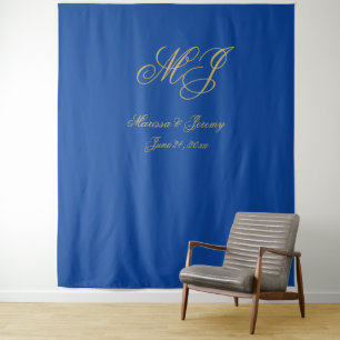 Tenture Élégant Sapphire Blue Gold Script Monogramme Maria