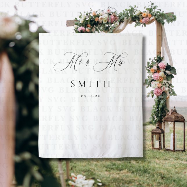Tenture Elegant Script Minimalist Wedding Photo Backdrop  (Mr. & Mrs. Wedding Photo Backdrop Banner )