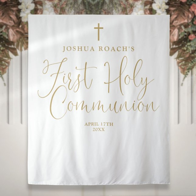 Tenture Élégant script or Première Sainte Communion fond (Elegant Gold Script First Holy Communion Backdrop)