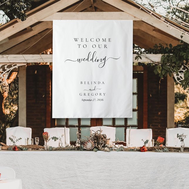 Tenture Elegant Script Welcome To Our Wedding Fabric Sign  (Elegant Script Welcome To Our Wedding Fabric Sign Tapestry)