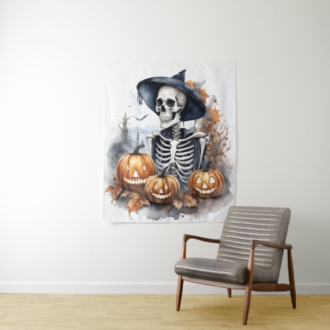 Tenture Elégant Squelette Halloween Aquarelle (En situation)