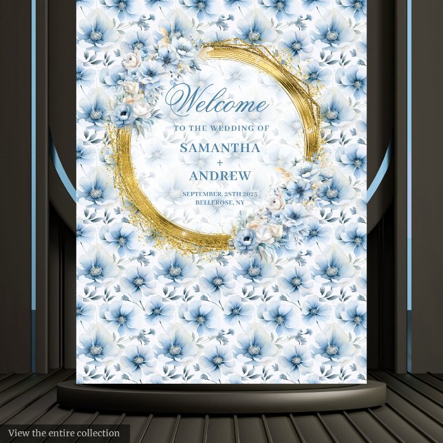 Tenture Elégante aquarelle Dusty Bleu Mariage or (Elegant Watercolor Dusty Blue Gold Wedding Banner Tapestry )