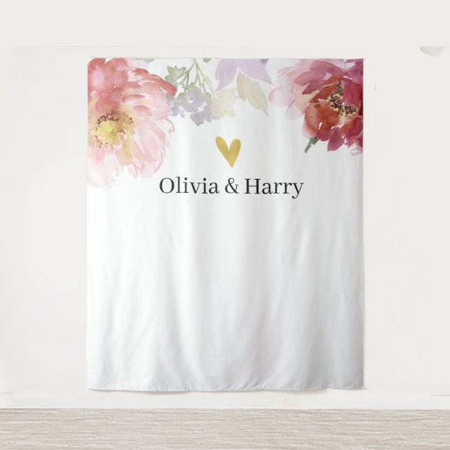 Tenture Elégante aquarelle Floral Heart Mariage fond (Devant)
