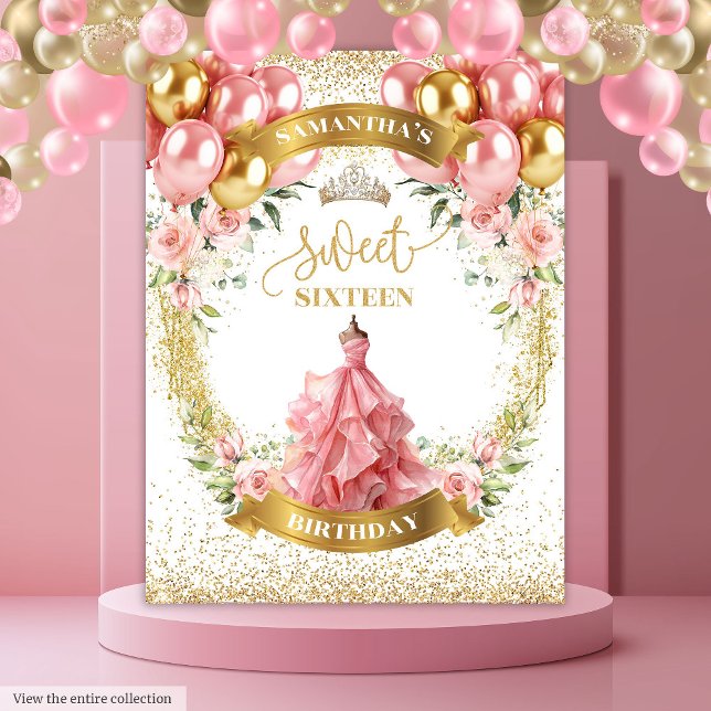 Tenture Élégante bannière Sweet sixteen Or Rose robe (Elegant Sweet Sixteen Banner Gold Roses Dress Tapestry)