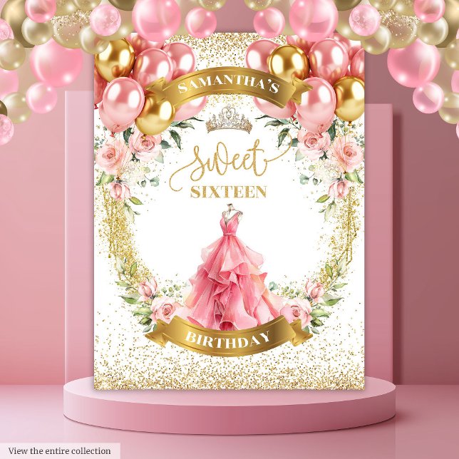 Tenture Élégante bannière Sweet sixteen Rose robe (Elegant Sweet Sixteen Party Banner Roses Dress Tapestry)